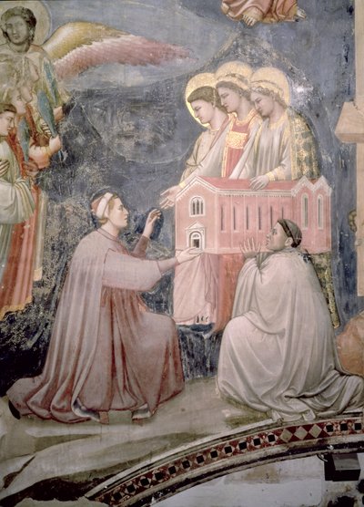 Az utolsó ítélet, Enrico Scrovegni védőszentjének részlete a templom makettjét bemutató 1305 körüli freskó részlete 65227 alkotó: Giotto di Bondone