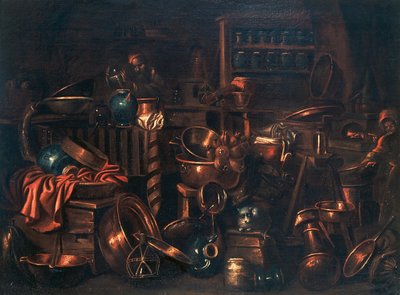 Alkimista laboratórium, Gian Domenico Valentino (1630-1708) festménye, Olaszország alkotó: Giovan Domenico Valentino
