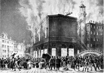 A velencei La Fenice színház tüze 1836-ban. Giovanni Pividor metszete. Milánó, Konzervatórium G. Verdi. alkotó: Giovanni (after) Pividor