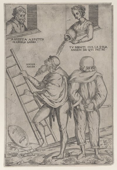 Egy férfi felmászik a létrán, míg egy nő felülről szórja rá a vizet, 1575-99. alkotó: Giovanni Ambrogio Brambilla
