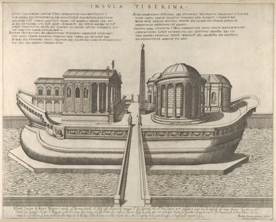 Kilátás a Tiberis-szigetre hajóként ábrázolva, balra Aesculapius temploma, 1582., 1582. alkotó: Giovanni Ambrogio Brambilla