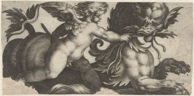 Putto levéllel eteti a tengeri szörnyet Frízek tengeri szörnyekkel (sorozat címe) alkotó: Giovanni Andrea Maglioli