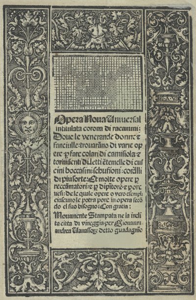 Opera Nova Universali intitulata Corona di racammi, címlap recto, [1530]. alkotó: Giovanni Andrea Vavassore