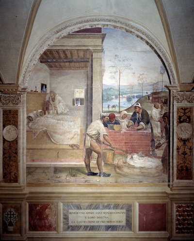 Benedek megjelenik két szerzetesnek, és bemutatja nekik Antonio Bazzi dit il Sodoma (1477 - 1549) kolostori freskóját, amely Nursie-i Szent Benedek (480 - 567), a Bencés Rend 1503-as alapítója életét meséli el. 1508 Ab alkotó: Giovanni Antonio Bazzi Sodoma