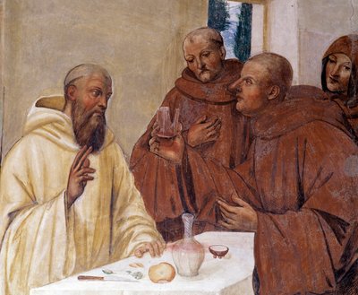 Benedek megtör egy pohár mérgezett bort a kereszt jelét készítve Antonio Bazzi dit il Sodoma (1477 - 1549) kolostorának részletfreskója Nursie-i Szent Benedek (480 - 567), a Bencés Rend 1503-as alapítója életét meséli el. - 1508 alkotó: Giovanni Antonio Bazzi Sodoma