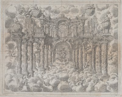 2. tábla [ellenálló]: Színpadi díszlet allegorikus alakokkal a felhők között, egy..., 1690. alkotó: Giovanni Antonio Lorenzini