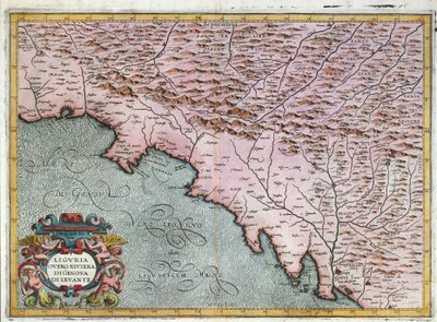 Kelet-Liguria régió térképe, Giovanni Antonio Magini, Bologna, Rézmetszet alkotó: Giovanni Antonio Magini