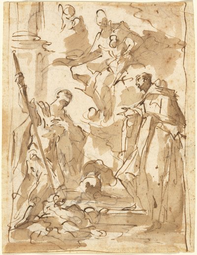 A Madonna és a gyermek dicsőségben Szent Theodorral és egy szerzetesi szenttel alkotó: Giovanni Antonio Pellegrini