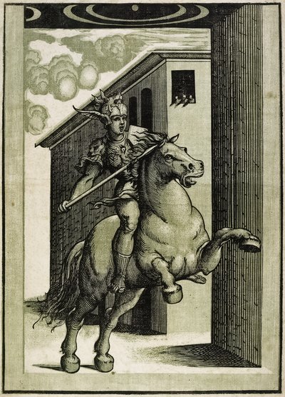 Marcus Curtius, 1540 körül (chiaroscuro fametszet 3 tömbből) alkotó: Giovanni Antonio Pordenone