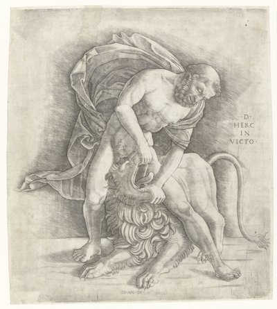 Herkules harcol a nemeai oroszlán ellen Herkules meghódítja a nemeai oroszlánt D HERC IN VICTO (cím a tárgyon) alkotó: Giovanni Antonio da Brescia