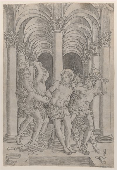 Krisztus megkorbácsolása, aki középen egy oszlophoz van kötve, egy árkádon belül, 1509., 1509. alkotó: Giovanni Antonio da Brescia