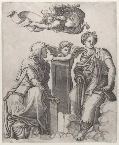 Két női alak ül a felhőkben, egy angyal mellett, egy másik pedig repül ..., kb. 1510-25. alkotó: Giovanni Antonio da Brescia