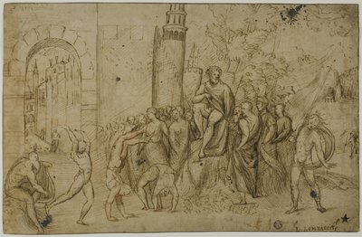 Akrobaták előadása egy vonalzó előtt (recto); szabadtéri jelenet alakok csoportjával (verso) alkotó: Giovanni Antonio da Pordenone
