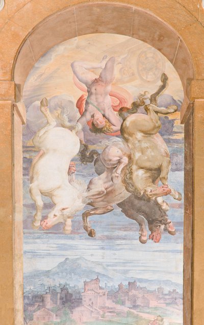 A Napszekere, amelyet Apollo hajt a Föld felé merülve, Apollo Loggia keleti fala, 1560 körül (freskó) alkotó: Giovanni Battista and Cambiaso Luca Castello