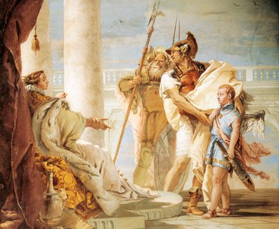 Aeneas bemutatja Didónak az Ascaniusnak öltözött Ámort, Giambattista Tiepolo (1696-1770), freskó, Az Aeneis szobája, Villa Valmarana 
