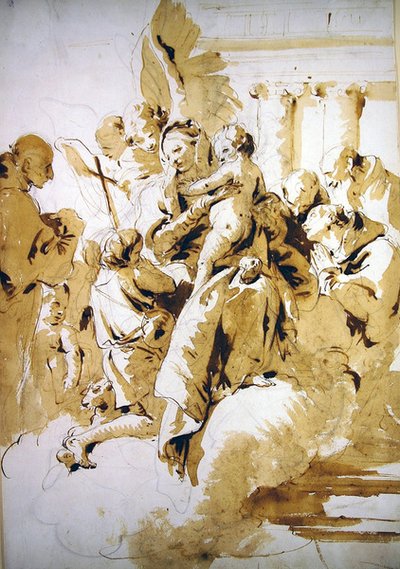 Madonna és gyermeke angyalokkal, szentekkel és Keresztelő János csecsemővel (toll és barna tinta, mosás, papír) alkotó: Giovanni Battista Tiepolo