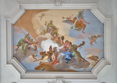 A dicsőség diadalát a bíborosi erények között álló Fame hirdette meg alkotó: Giovanni Battista Tiepolo