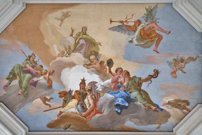 A dicsőség diadalát a bíborosi erények között álló Fame hirdette meg alkotó: Giovanni Battista Tiepolo