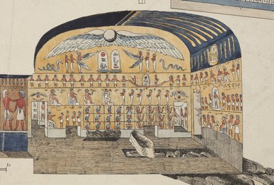 Pszammuthisz thébai sírjának egy része, amelyet Belzoni fedezett fel és nyitott meg 1818-ban (kézzel színezett litó) alkotó: Giovanni Battista (after) Belzoni