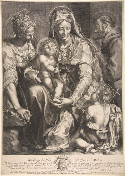 Szűz és gyermek Szent Katalinnal, Assisi Ferenccel és Keresztelő Jánossal, 17. század közepe. alkotó: Giovanni Battista Bonacina