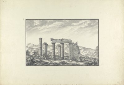 Kilátás egy ión templom romjaira Szardiszon, valószínűleg Neptunusz temploma, 1750 körül (szürke mosás, toll, tinta és ceruza papíron) alkotó: Giovanni Battista Borra