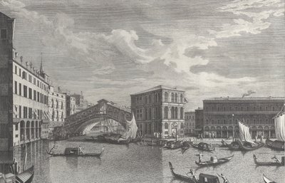 A Rialto-híd, Velence, csónakokkal és gondolákkal a vízben, 1763. alkotó: Giovanni Battista Brostoloni