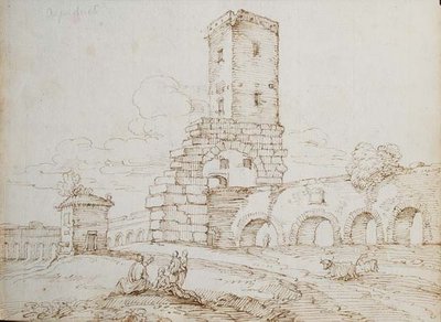 Figurák egy vízvezeték előtt (barna tinta fekete krétával papíron) alkotó: Giovanni Battista Busiri
