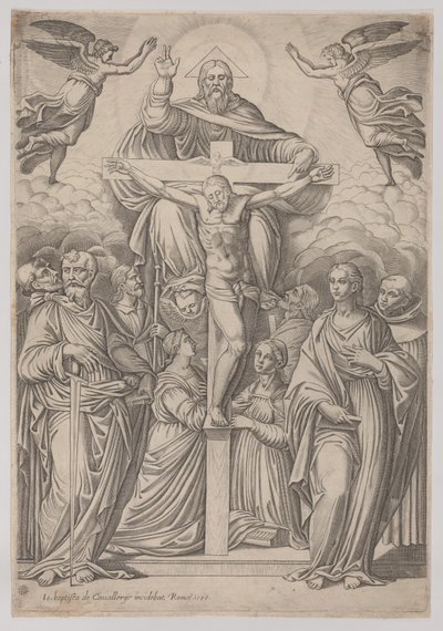 A Szentháromság, középen a keresztre feszítéssel és mindkét oldalán szentekkel, 1586. alkotó: Giovanni Battista Cavalieri
