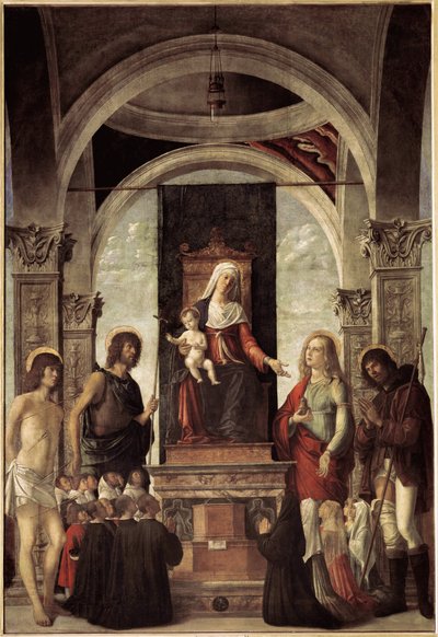 Szent beszélgetés, szűz gyermekkel Keresztelő Szent János, Szent Sebestyén, Szent Rókus, Szent Mária Magdolna körülvéve (olaj, vászon, 1487-1488 körül) alkotó: Giovanni Battista Cima da Conegliano