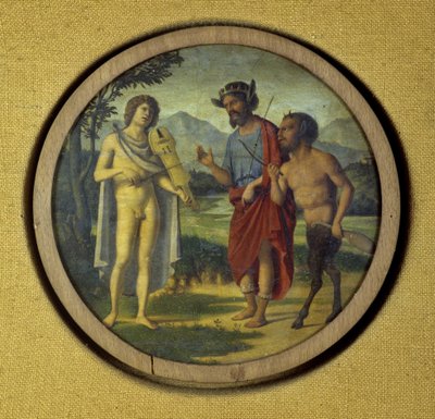 Billentyűs hangszerborító Apollón (lírával) és Marsyas-t ábrázoló illusztrációval alkotó: Giovanni Battista Cima da Conegliano