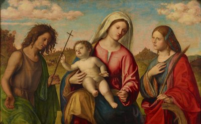 Szűzanya és gyermeke Szent Katalinnal és Keresztelő Szent Jánossal, 1515 körül. alkotó: Giovanni Battista Cima da Conegliano