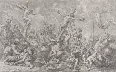 A keresztre feszítés, középen a kereszt leengedésével, végig katonákkal és egy tolvajjal, 1762. alkotó: Giovanni Battista Cipriani