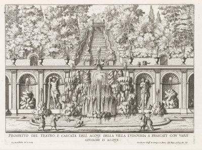 Cascade en Teatro delle Acque in de tuinen van de Villa Torlonia te Frascati A Villa Ludovisia színházának és vízesésének kilátása (...) (cím a tárgyon) A Frascati villák szökőkútjai (sorozat címe) Fonteinen van Frascati (sorozat címe) alkotó: Giovanni Battista Falda