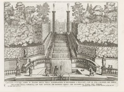 Cascade in de tuinen van de Villa Aldobrandini te Frascati Vízesés a villa Aldobrandina di Belvedere színháza fölött Frascatiban (...) (cím az objektumon) A Frascati villák szökőkútjai (sorozat címe) Fonteinen van Frascati (sorozat címe) alkotó: Giovanni Battista Falda