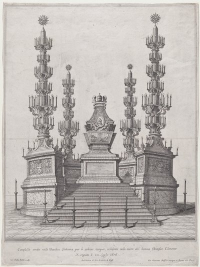 Katafalk X. Kelemen pápának, központi szerkezet egy tizenöt lépcsőfok tetején, 1676-ban. alkotó: Giovanni Battista Falda