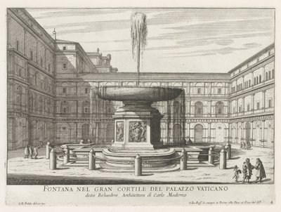 Fontein a Cortile del Belvedere-ben Vaticaanban Szökőkút a Vatikáni Palota nagy udvarában (cím a tárgyon) Róma szökőkútjai (sorozat címe) Fonteinen van Rome (sorozat címe) alkotó: Giovanni Battista Falda