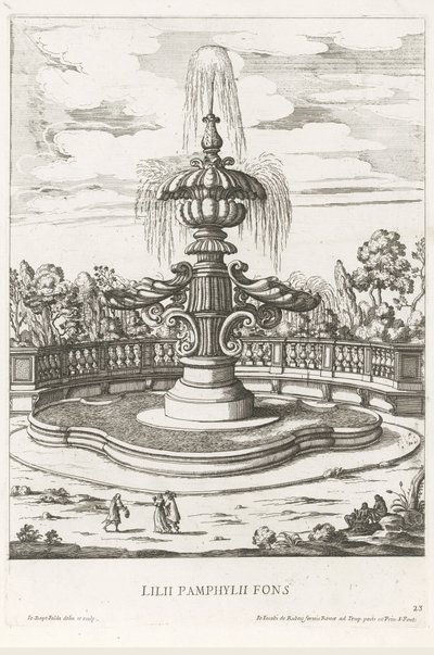 Szökőkút a római Villa Doria Pamphilj kertjében Lilii Pamphylii fons (cím a tárgyon) Le fontane ne palazzi e ne giardini di Roma (sorozat címe) Szökőkutak a római palotákban és kertekben (sorozat címe) alkotó: Giovanni Battista Falda