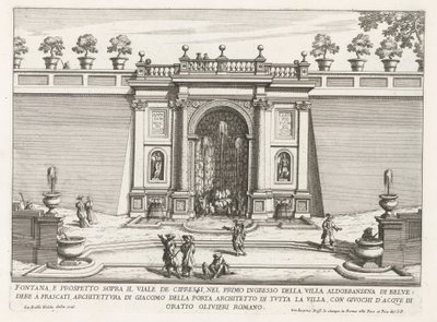 Fontein in de tuinen van de Villa Aldobrandini te Frascati Szökőkút és magaslat a ciprus sugárút felett (...) (cím az objektumon) A Frascati villák szökőkútjai (sorozat címe) Fonteinen van Frascati (sorozat címe) alkotó: Giovanni Battista Falda