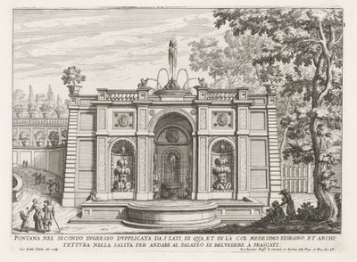 Fontein in de tuinen van de Villa Aldobrandini te Frascati Szökőkút a második bejáratban oldalról megkétszerezve (...) (cím a tárgyon) A Frascati villák szökőkútjai (sorozat címe) Fonteinen van Frascati (sorozat címe) alkotó: Giovanni Battista Falda