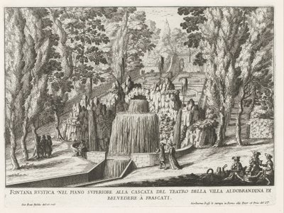 Fontein in de tuinen van de Villa Aldobrandini te Frascati Rusztikus szökőkút a felső emeleten a színház vízesésénél (...) (cím a tárgyon) A Frascati villák szökőkútjai (sorozat címe) Fonteinen van Frascati (sorozat címe) alkotó: Giovanni Battista Falda
