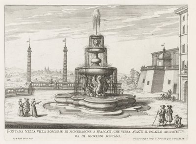 Fontein in de tuinen van de Villa Mondragone te Frascati Szökőkút a Frascati-i Villa Borghese di Mondragone-ban (...) (cím a tárgyon) A Frascati villák szökőkútjai (sorozat címe) Fonteinen van Frascati (sorozat címe) alkotó: Giovanni Battista Falda
