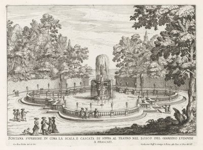 Fontein in de tuinen van de Villa Torlonia te Frascati Felső szökőkút a lépcső tetején és vízesés a színház felett (...) (cím a tárgyon) A Frascati villák szökőkútjai (sorozat címe) Fonteinen van Frascati (sorozat címe) alkotó: Giovanni Battista Falda