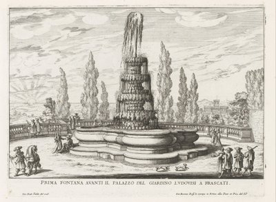 Fontein in de tuinen van de Villa Torlonia te Frascati Az első szökőkút a Palazzo del Giardino Ludovisi előtt Frascatiban (cím a tárgyon) Frascati villáinak szökőkútjai (sorozat címe) Fonteinen van Frascati (sorozat címe) alkotó: Giovanni Battista Falda
