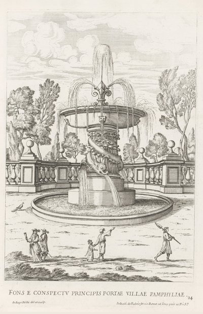 Fontein met dolfijnen in de tuinen van Villa Doria Pamphilj te Rome A szökőkút Pamphylia város hercegi kapuja előtt (cím a tárgyon) Le fontane ne palazzi e ne giardini di Roma (sorozat címe) Fonteinen in de paleizen en tuinen van Rome (sorozat címe alkotó: Giovanni Battista Falda