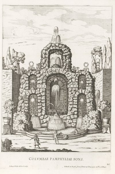 Szökőkút galambokkal a római Villa Doria Pamphilj kertjében Columbae Pamphyliae fons (cím a tárgyon) Le fontane ne palazzi e ne giardini di Roma (sorozat címe) Szökőkutak a római palotákban és kertekben (sorozat címe) alkotó: Giovanni Battista Falda