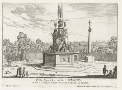 Fontein op Piazza San Pietro in Montorio op de Janiculumberg te Róma Szökőkút a Monte Gianicolo-n (cím a tárgyon) Róma szökőkútjai (sorozat címe) Fonteinen van Rome (sorozat címe) alkotó: Giovanni Battista Falda