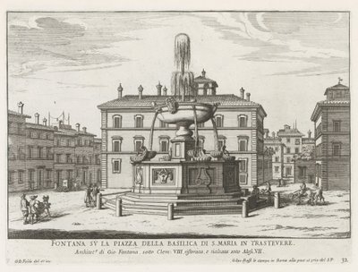 Fontein op Piazza Santa Maria in Trastevere Szökőkút a Trastevere-i S. Maria-bazilika terén (cím a tárgyon) Róma szökőkútjai (sorozat címe) Fonteinen van Rome (sorozat címe) alkotó: Giovanni Battista Falda