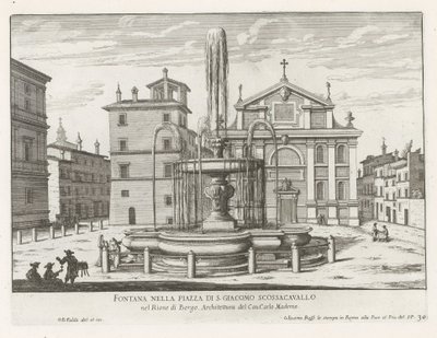 Fontein a Piazza Scossacavalli Rómában Szökőkút a Piazza di S. Giacomo Scossacavallón (cím a tárgyon) Róma szökőkútjai (sorozat címe) Fonteinen van Rome (sorozat címe) alkotó: Giovanni Battista Falda
