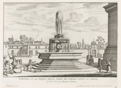 Fontein a Piazza del Popolo Rómában Szökőkút a Piazza della Porta del Popolo-n a torony alatt (cím a tárgyon) Róma szökőkútjai (sorozat címe) Fonteinen van Rome (sorozat címe) alkotó: Giovanni Battista Falda