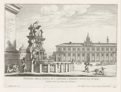Fontein op Piazza di San Giovanni Laterano te Rómában Szökőkút a Piazza di S. Giovanni Laterano téren a torony alatt (cím a tárgyon) Róma szökőkútjai (sorozat címe) Fonteinen van Rome (sorozat címe) alkotó: Giovanni Battista Falda